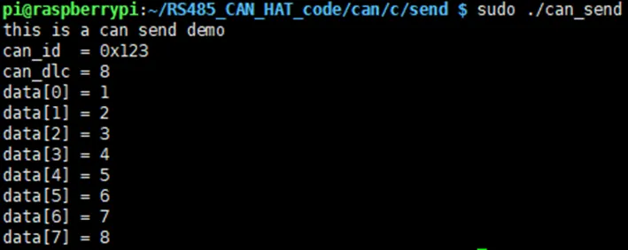 Terminal showing CAN send demo output