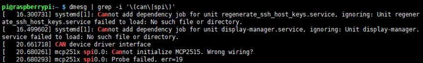 Terminal showing failed MCP2515 initialization - wrong wiring