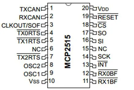 MCP2515 pinout diagram showing all 20 pins