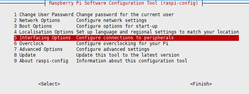 raspi-config main menu with Interfacing Options highlighted