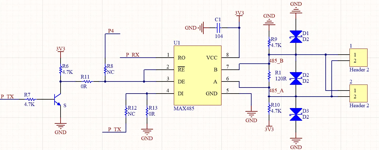 RS-485 circuit schematic showing SP3485 with transistor auto-TX/RX control and TVS protection